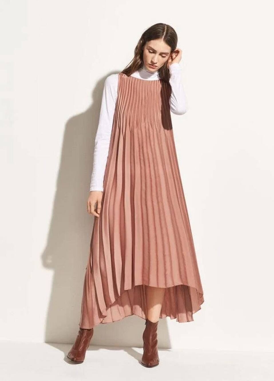 VINCE Chevron Pleated Dress Vintage Rose Pink Sz S $365 {WW39}